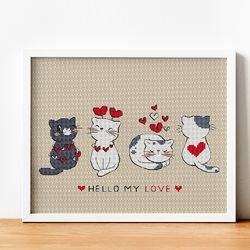 Cat Cross Stitch Pattern PDF, Love Cross Stitch, Valentine Cross Stitch, Heart Cross Stitch, Kitten Counted Cross Stitch