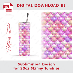 3D Inflated Puff Mermaid Scales - Seamless Sublimation Pattern - 20oz SKINNY TUMBLER - Full Wrap