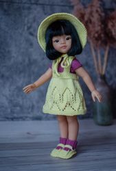 Knitted top, sundress, bonnet and shoes for Paola Reina doll