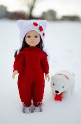 Knitted jumpsuit and hat for Paola Reina doll