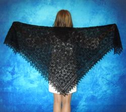 Black warm Russian shawl with embroidery, Orenburg wool wrap, Hand knit cover up, Wedding stole, Mourning kerchief,Scarf