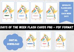 Days Of The Week Flashcards Pdf Png For Kindergarten | Cute Unicorn Montessori flashcards | Pre-School Cards | Printable