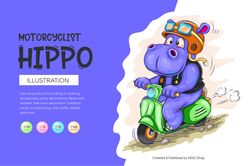 Cartoon Hippo Motorcyclist. T-Shirt, PNG, SVG.