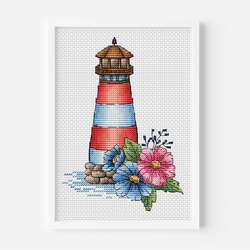Lighthouse Cross Stitch Pattern PDF, Sea Cross Stitch Pattern, Travel Counted Cross Stitch, Instant Download Flower Art