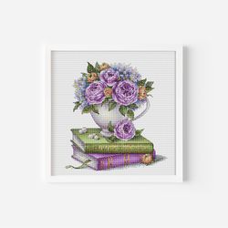 Rose Cross Stitch Pattern PDF, Book Cross Stitch Pattern, Flower Counted Cross Stitch Instant Download, Floral Bouquet