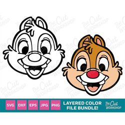 Dale Chipmunk Head Face Smiling Chip n Dale 1 Color and LAYERED BUNDLE | SVG Clipart Digital Download Sublimation Cut Fi