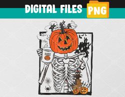 Halloween Pumpkin Skeleton Drinking Coffee PNG, Digital Download