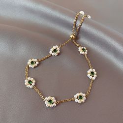 14k Gold Bracelet Green Smaragd Flower Pearl