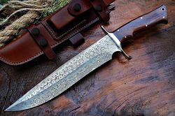 Handmade Damascus Hunting Knife with Leather Sheath - Ideal for Chopping, Camping Outdoor - Full Tang Fixed Blade 14"