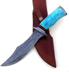 handmade damascus bowie knife with sheath full tang fixed blade hunting knife camping outdoor knives 12" blue camel bone