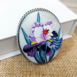 Brooches for women: Delicate pink iris flower on handmade jewelry brooch, Floral stylish pin, Hand painted lacquer pin