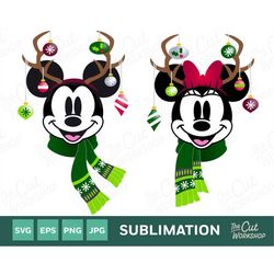 Holiday Antlers Mickey Minnie Mouse Ears Christmas Ornaments | SVG Clipart Images Digital Download SUBLIMATION PRINT Fil