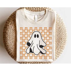 Checkered daisy ghost svg, Floral ghost outline svg, Checkered Halloween shirt svg, Groovy ghost svg, Spooky season svg,