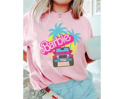 summer barbie car t-shirt, cool 2023 barbie top, barbie retro t-shirt, barbie top, hot pink barbie doll, margot robbie t