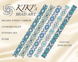 bead loom pattern, silvery narrow tribal loom package loom bracelet pattern set of 5, patterns in pdf - instant downloa