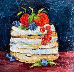 Cake painting Oil painting Still life Food painting Wall decor Delicious Strawberry Sweets Impasto painting Wall decor