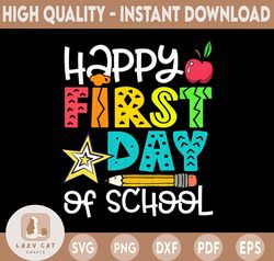 Happy First Day of School PNG Digital Design, School Clipart for Shirts, Teachers, Kids, Students, Fun Bubble Letters