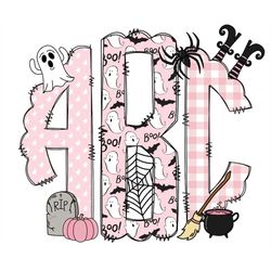 Pink Halloween Monogram Letters with Clip Art PNG, Fall Autumn Clipart Sublimation, Doodle Alpha Bundle, Trick or Treat
