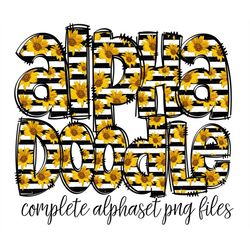 Sunflower Striped Doodle letters, Hand Drawn Doodle Alpha Bundle, Sublimation Font PNG, Patterned Numbers & Alphabet,
