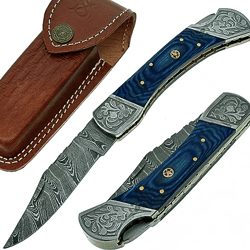 Custom Handmade Damascus Steel Pocket Knife AR-17425 (Blue Colored wood) (Blue).