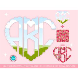 Fill your own Heart Monogram Letters on CANVA with Commercial Use Allowed Drag and Drop Valentines Day Alphabet Letters
