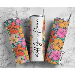 watercolor hibiscus add your own name, 20oz sublimation tumbler designs, skinny tumbler wraps template - 698