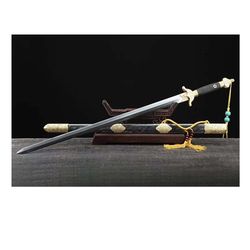 Chinese Sword,Taiji Jian Real,Superior(Forged Pattern Steel Blade,Skin Scabbard,Brass Fittings).