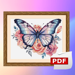 Butterfly Cross Stitch,Blue Butterfly and Roses Counted Cross Stitch PDF Pattern, Colorful Butterfly Cross Stitch