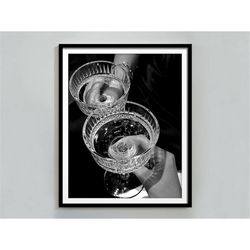 Champagne Cheers Print, Bar Cart Wall Art, Black and White, Cocktail Poster, Alcohol Wall Art, Home Bar Decor, Printable