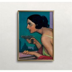 Woman with a Gun | Dark Moody Wall Art | Vintage Woman Portrait | Eclectic Wall Art | Maximalist Wall Decor | PRINTABLE