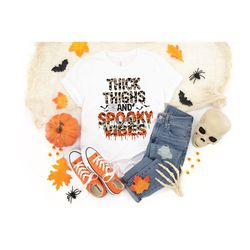 Thick Thighs and Spooky Vibes Leopard Print Halloween Crewneck Fall Apparel Cute Halloween Sweater Spooky Season Shirt H