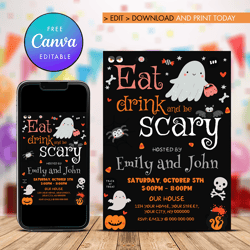 Halloween Party Invitation, Eat Drink and be Scary Party Invitation Canva Editable