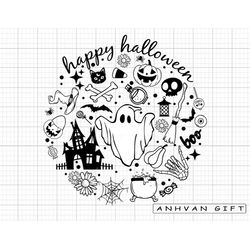 Halloween Svg, Happy Halloween Doodle Svg, Skull, Ghost Svg, Boo Svg, Spooky Ghost, Pumpkin Svg, Spooky Season Svg, Hall
