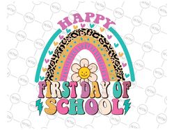 Happy First Day Of The School Retro Svg, First Day of School Rainbow Leopard Png, Back To School Png, Digital Download
