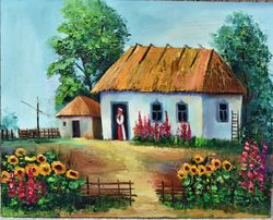 Country house in bright colors. Oil painting for a cozy interior.