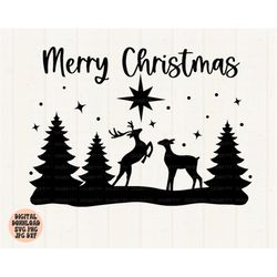 Merry Christmas Svg, Png, Jpg, Dxf, Winter Scene Svg, Snowy Forest Svg, Deer Svg, Snowy Christmas, Christmas Forest Svg,