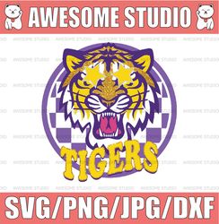 Tigers preppy mascot Png Purple yellow gold checkerboard Png, NCAA Png, NCAA Sport Png, Digital Download