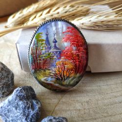 Brooches for women: Village Church in fall season Forest painted on aesthetic brooch, Gorgeous dainty handmade jewelry
