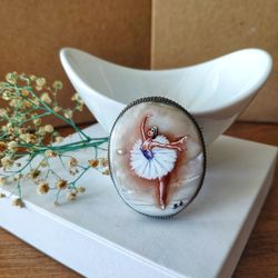 Brooches for women: Graceful ballerina in tutu dancing ballet on white pearl brooch, Aesthetic elegant jewelry pin