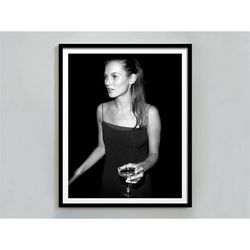 Kate Moss Drinking Martini Poster, Black and White, Bar Cart Print, Alcohol Wall Art, Maximalist Room Decor, Fashion Pri