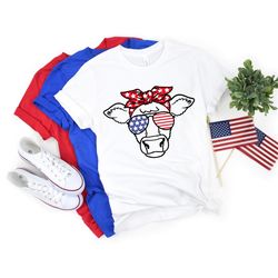 Patriotic Cow Shirt, 4th Of July T-Shirt, Independence Day Shirt, America Flag, Highland Cow Tee, Cow Bandana USA Tees,
