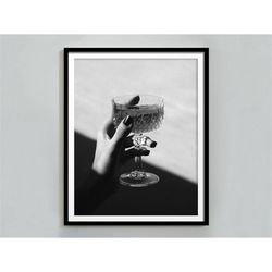 Wine Glass Poster, Bar Cart Print, Black and White, Alcohol Wall Art, Cocktail Print, Home Bar Decor, Dining Room Wall A