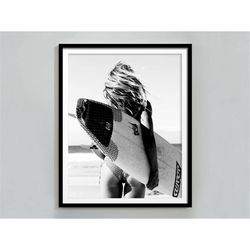 Black and White Surfer Print, Vintage Beach Wall Art, Surf Poster, Feminist Print, Teen Girl Wall Art, Maximalist Decor,