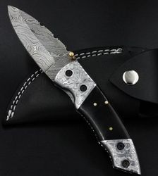 hand forged damascus folding knife , custom made damascus steel pocket knife