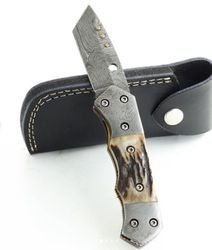 Damascus Steel Tanto Folding Knife , Custom Hand Made Damascus Steel Pocket Folding Knife