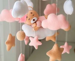 Baby Mobile with Teddy Bear, Moon, Clouds and Stars, Pink Beige Nursery Mobile, Crib mobile, Girl Nursery Decor