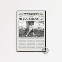 taylor swift retro newspaper print, my tears ricochet poster, lyrics print, folklore poster, taylor swift poster, home d