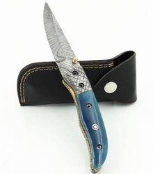 beautiful custom made hand made damascus steel folding blade pocket knife , damascus folding knife