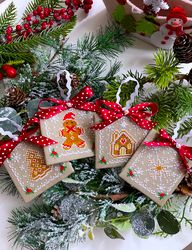 Set of 4 GINGERBREAD CHRISTMAS Ornaments cross stitch patterns PDF by CrossStitchingForFun,  Instant download