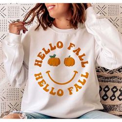 Retro Hello Fall PNG, Vintage Pumpkins Sublimation, Distressed Fall Shirt Design, Cozy Season, Grunge Happy Face Shirt p